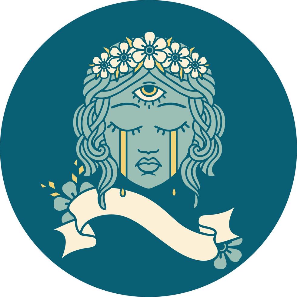 Tattoo-Stil-Ikone mit Banner des weiblichen Gesichts mit mystischem dritten Auge, das weint vektor