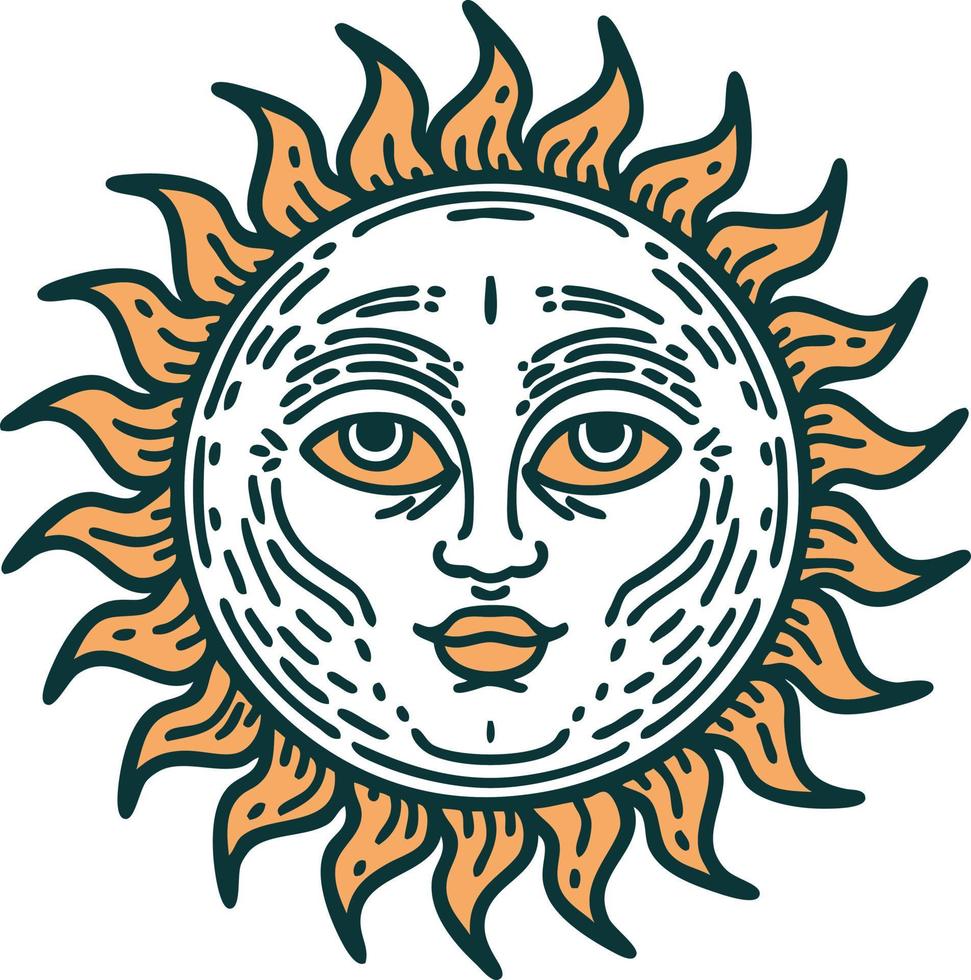 ikonisches Tattoo-Stil-Bild einer Sonne mit Gesicht vektor