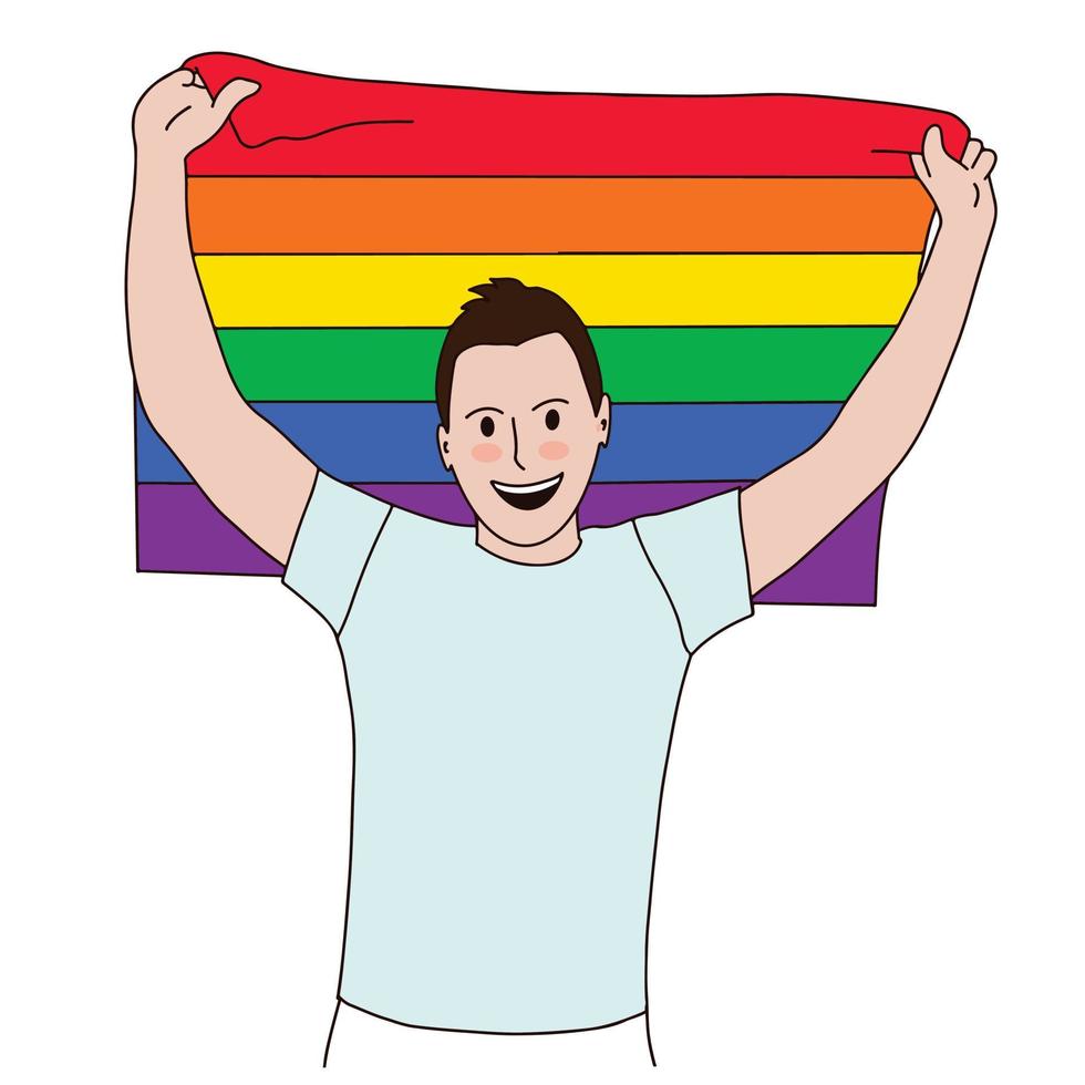 glücklicher junger mann mit erhobenen händen, die lgbtq-stolz-regenbogenfahne halten. feiercharakter, clipart-element für lgbt-geschichtsmonat, stolzmonat. vektorillustration in der hand gezeichneten einfachen flachen art vektor