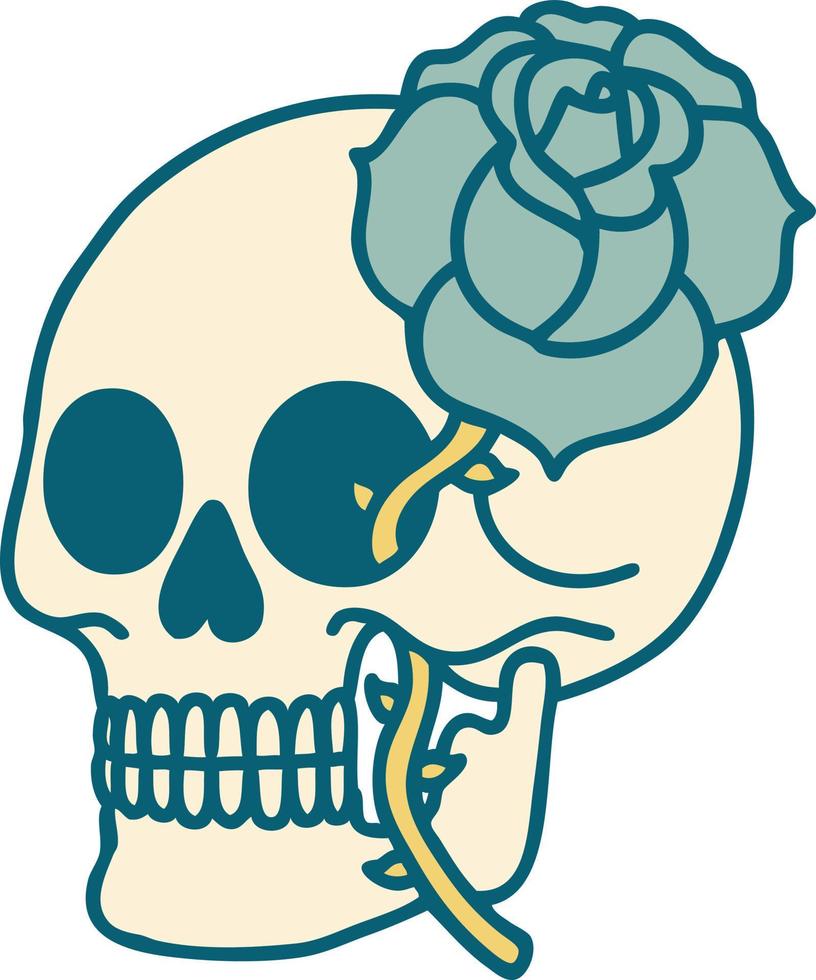 ikonisches Tattoo-Stil-Bild eines Schädels und einer Rose vektor