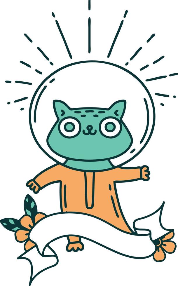 Scroll-Banner mit Katze im Tattoo-Stil im Astronautenanzug vektor