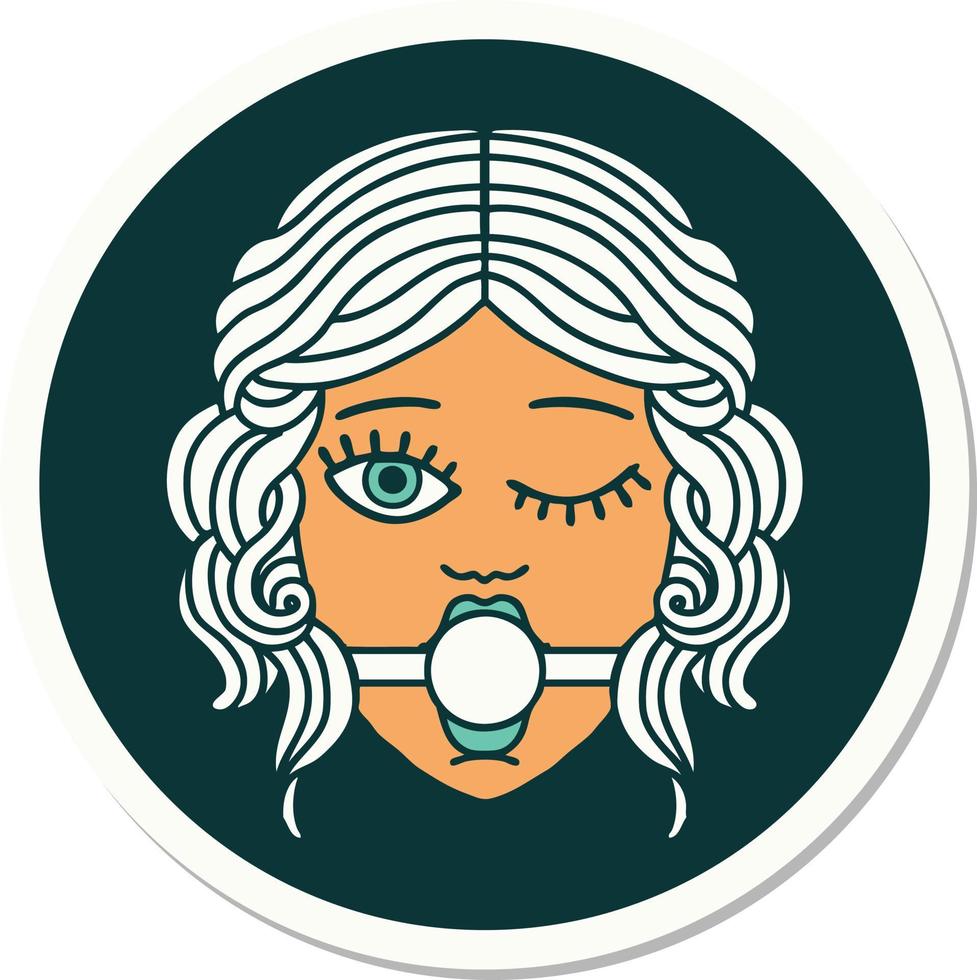 klistermärke av tatuering i traditionell stil av en blinka kvinna ansikte bär boll gag vektor