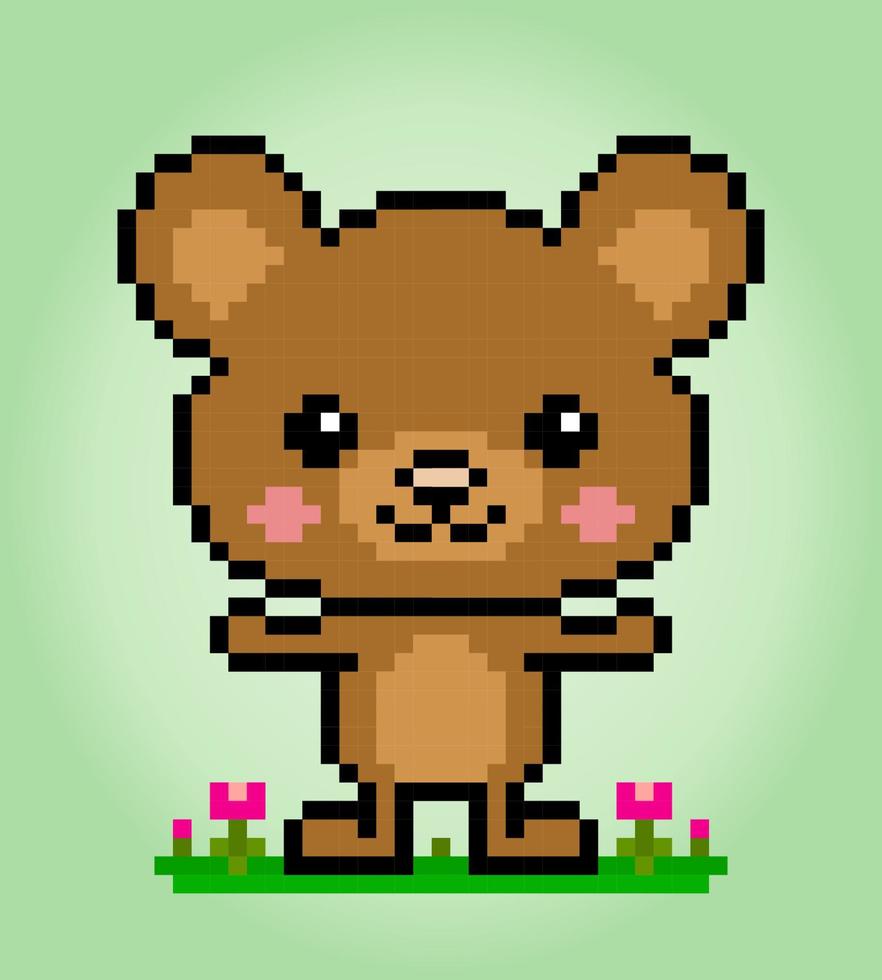 Pixel 8 Bit Braunbär sitzend. Tierspiel-Assets in Vektorillustration. vektor