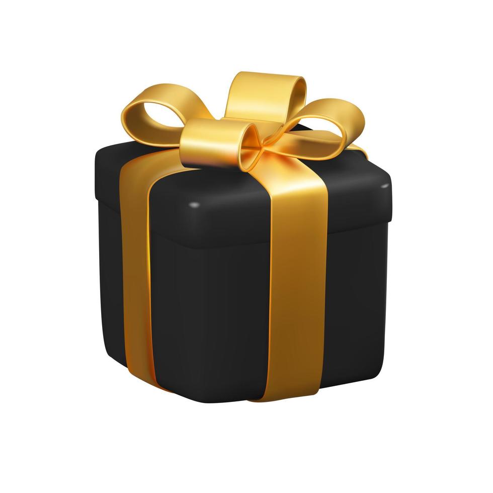 realistisk 3d svart gåva låda med gyllene band. vektor illustration