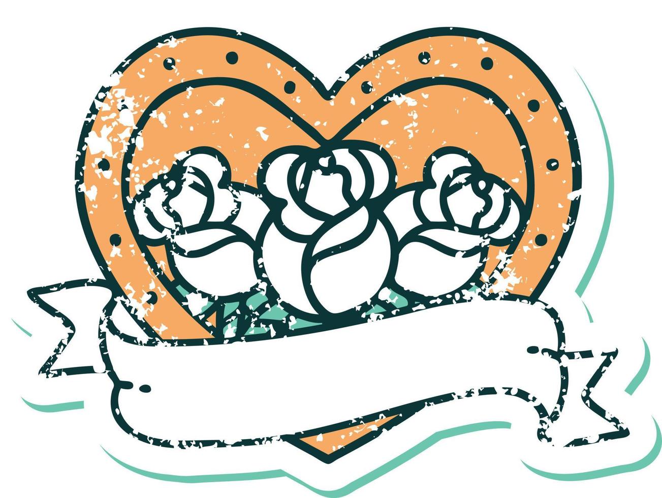 ikonisches Distressed Sticker Tattoo Style Bild eines Herzens und Banner mit Blumen vektor
