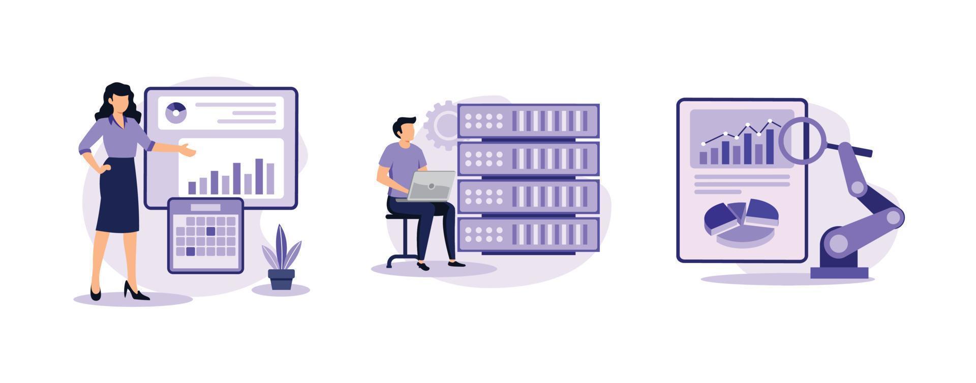 IT-Softwarelösungen. Unternehmens-IT-Management, Big-Data-Entwickler, Automatisierung von Geschäftsprozessen, Benutzeroberfläche. stellen Sie moderne Illustration des flachen Vektors ein vektor