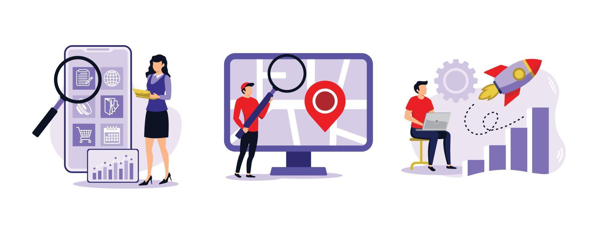 SEO-Strategie. Optimierung mobiler Medien, lokale Suche, Verkehrssteigerung, Suchmaschinen-Targeting, digitale Geschäftsförderung. stellen Sie moderne Illustration des flachen Vektors ein vektor