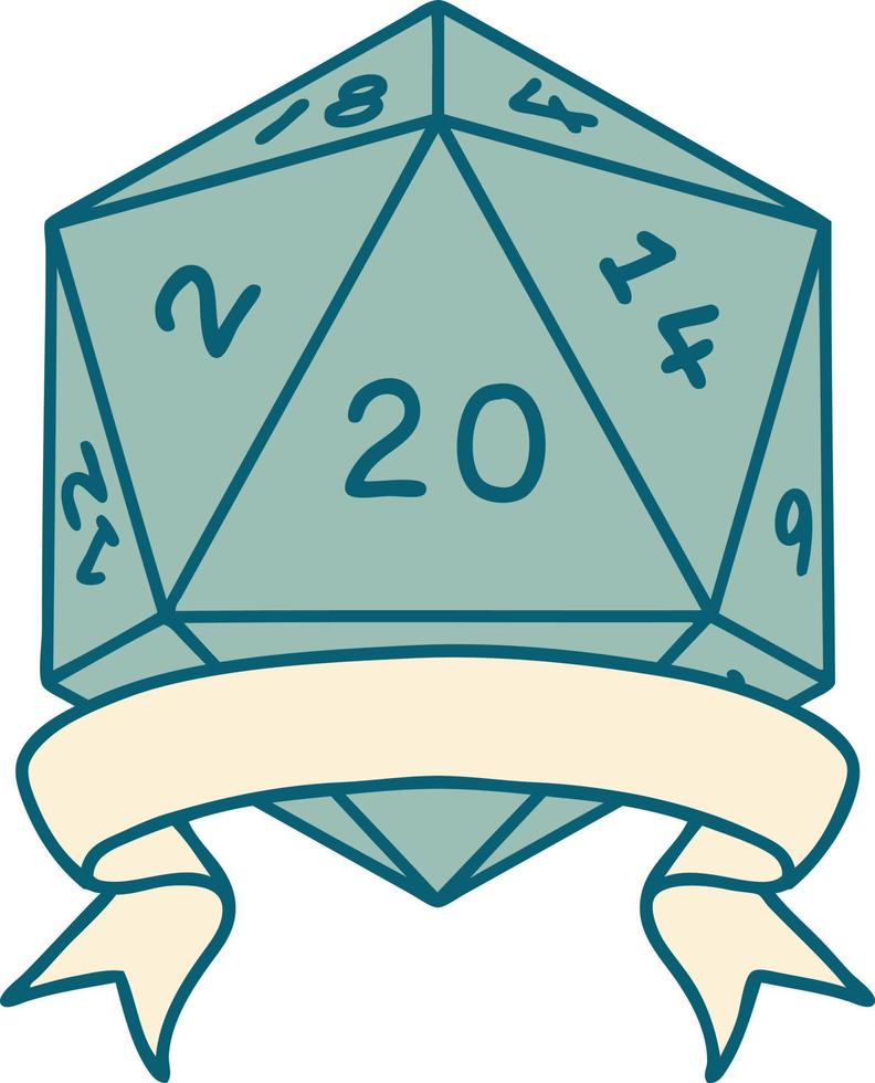 Retro-Tattoo-Stil natürliche 20 kritische Treffer d20 Würfelwurf vektor