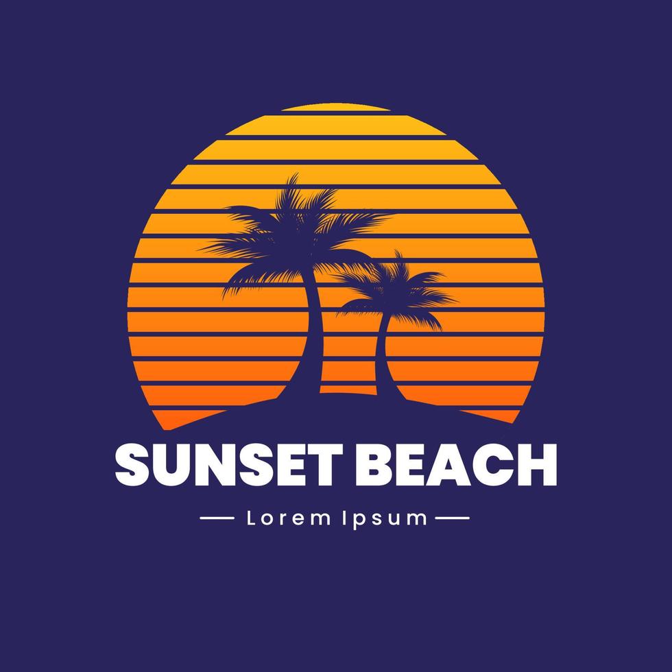 Insel-Logo-Design mit Kokospalmen und Sonnenuntergang vektor