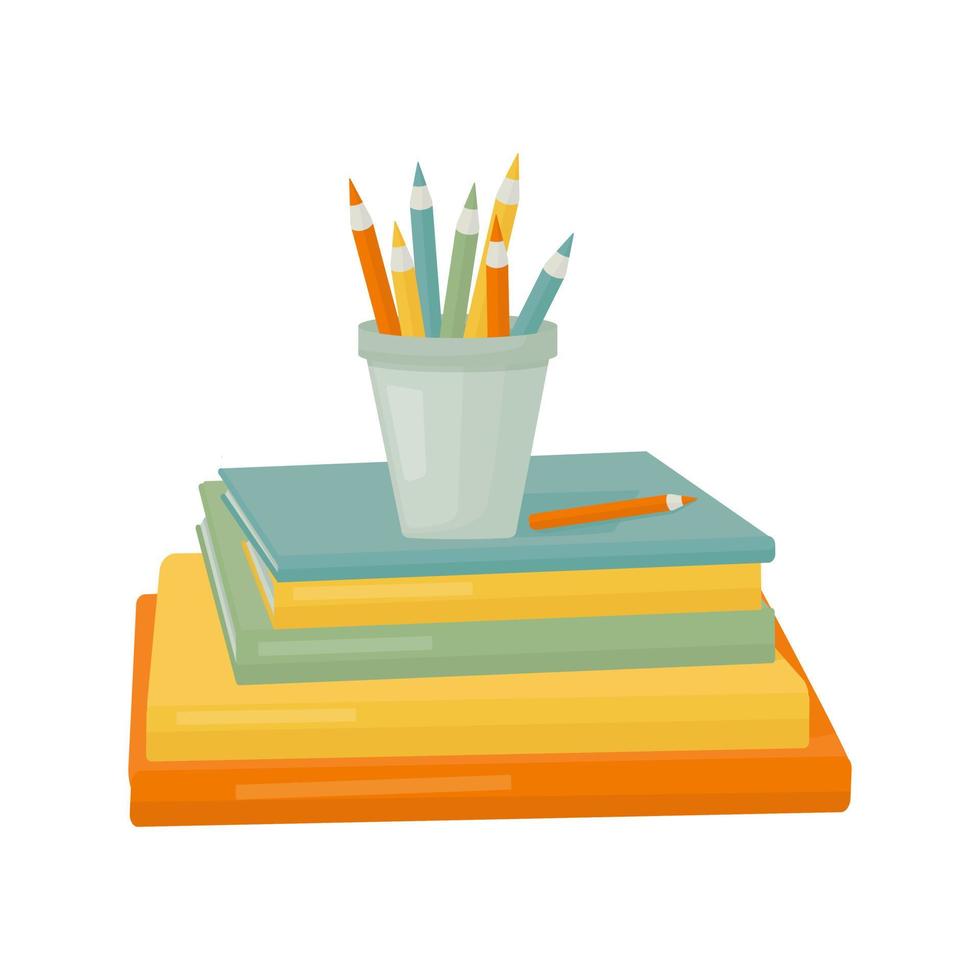 Stapel Bücher mit Bleistiften auf weißem Hintergrund vektor