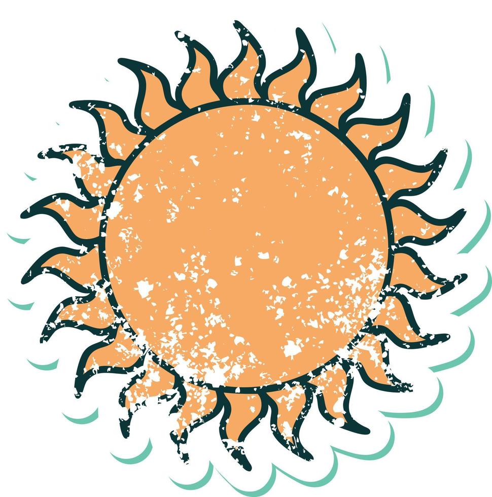 ikoniska bedrövad klistermärke tatuering stil bild av en Sol vektor