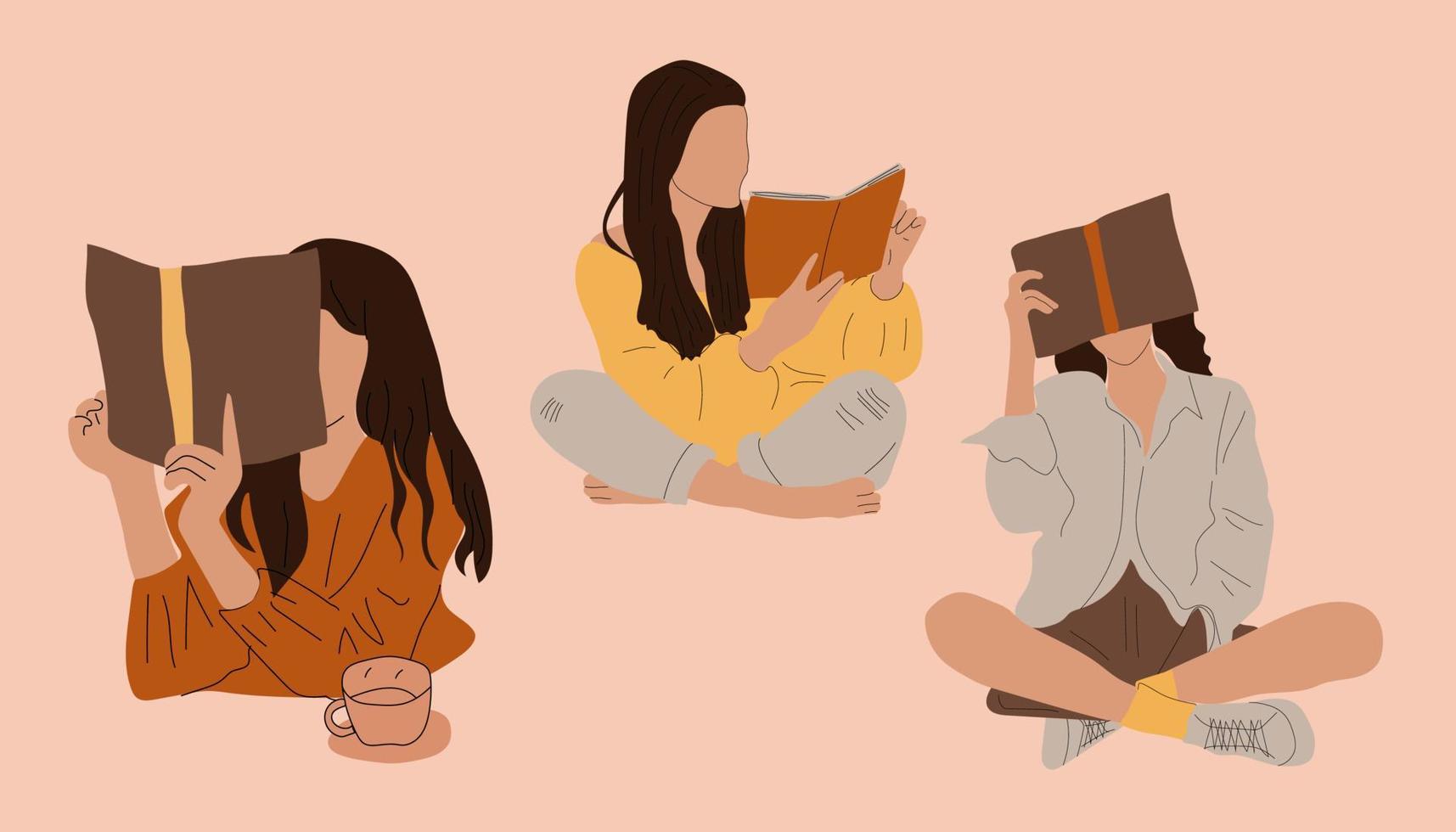Satz von drei Mädchen, die Bücher lesen. junge Frau. Lesen Sie mehr Bücher Konzept. handgezeichnete vektorisolierte trendige illustrationen vektor