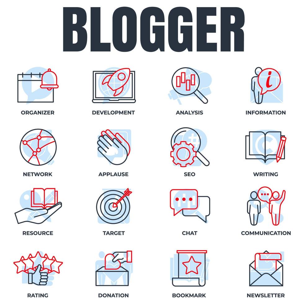 satz blogger, blogging-ikonenlogo-vektorillustration. Newsletter, Ziel, Kommunikation, Ressource, Entwicklung, Analyse und mehr Paketsymbolvorlage für Grafik- und Webdesign-Sammlung vektor