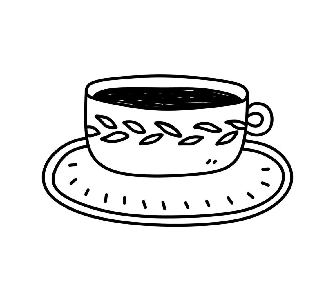 süße Tasse Tee oder Kaffee auf einer Untertasse isoliert auf weißem Hintergrund. handgezeichnete Vektorgrafik im Doodle-Stil. Perfekt für Karten, Menüs, Logos, Dekorationen. vektor