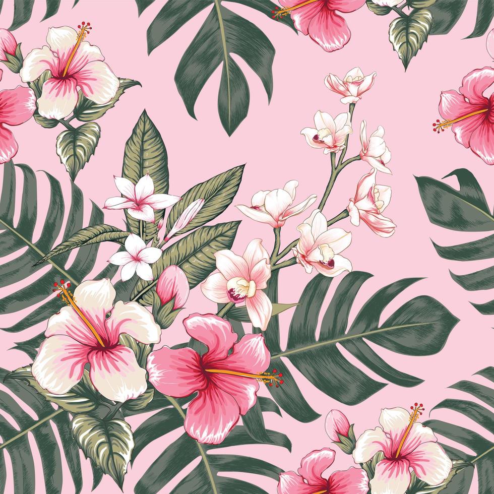 nahtloser rosa Hibiskus mit Blumenmuster vektor