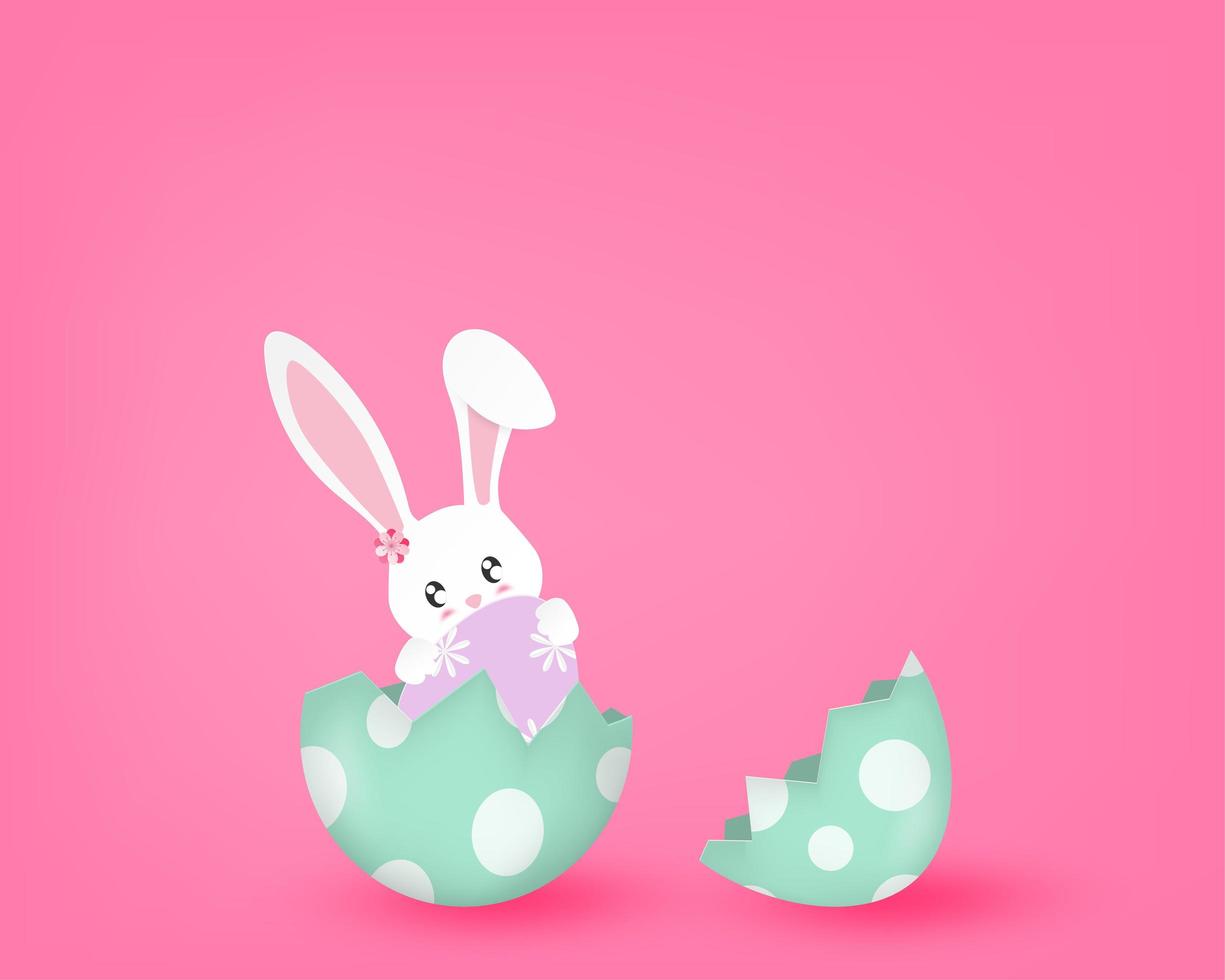 påsk affisch med kanin i trasigt ägg på rosa vektor