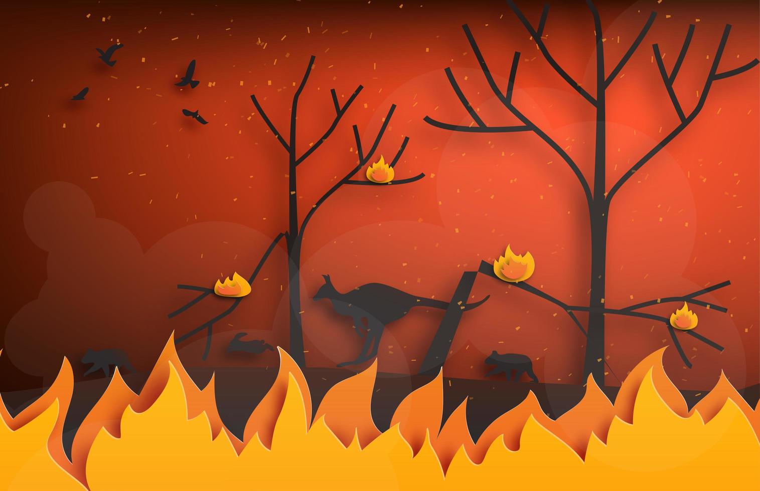 Waldbrände im Papierkunststil mit flüchtenden Tieren vektor
