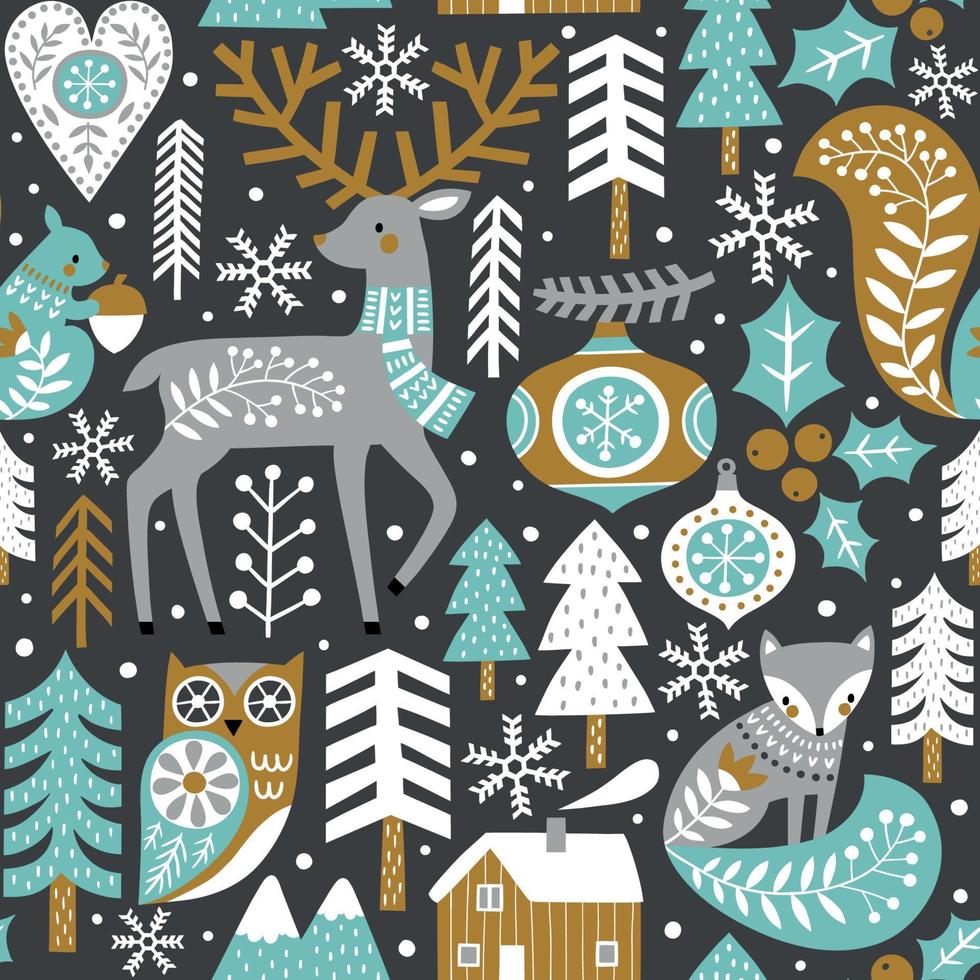 sömlös mönster med söt skog djur, trän och snöflingor på mörk grå bakgrund. scandinavian jul illustration. vektor