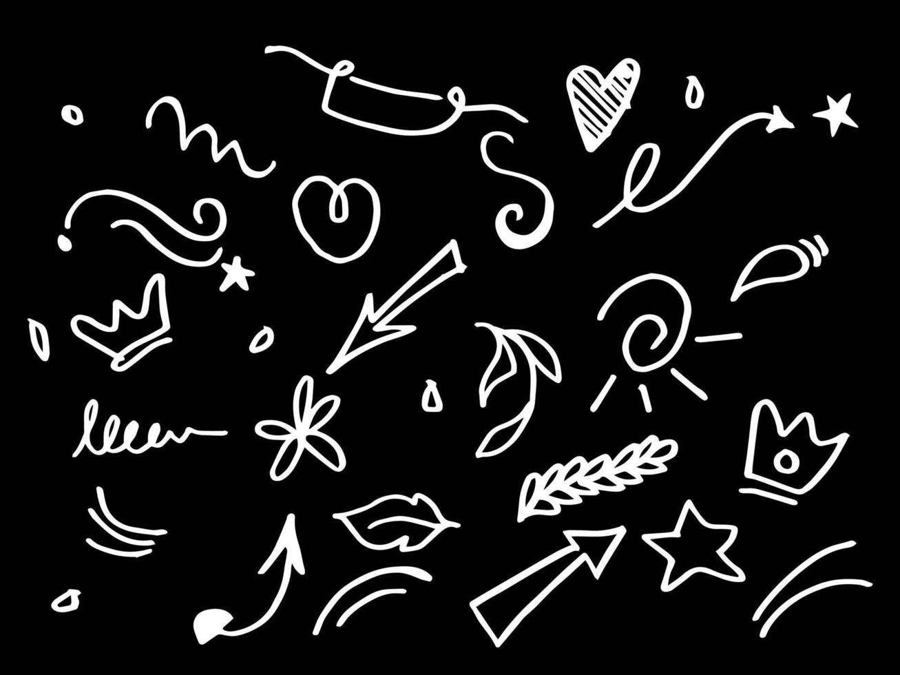 Vektor-Doodle-Sammlung von Gestaltungselementen. lockiges Swishes, Swoops, Strudel, Pfeil, Herz, Liebe, Krone, Blume, Stern, Feuerwerk, Hervorhebungstext und Hervorhebungselement. für Konzeptdesign verwenden vektor