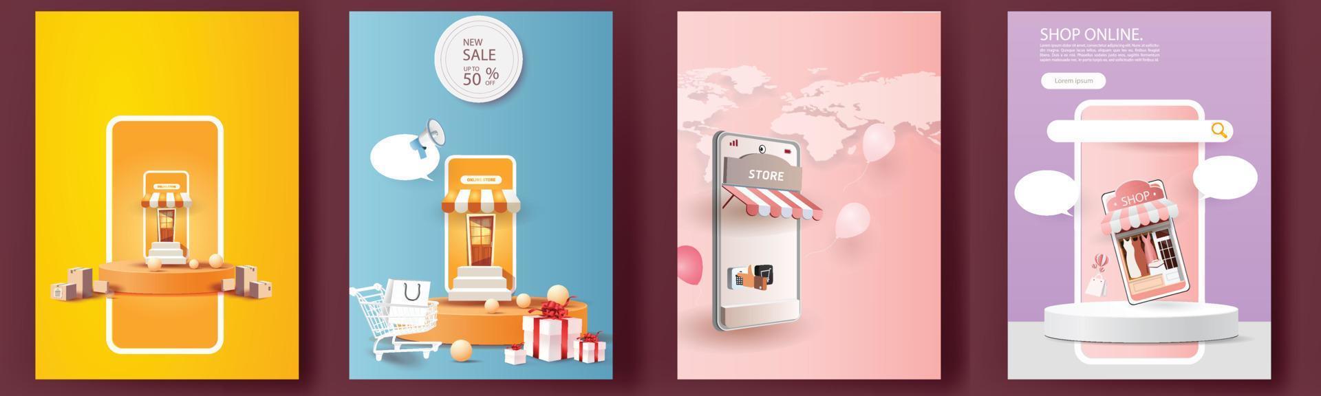 Online-Shopping am Telefon kaufen verkaufen Geschäft digitale Web-Banner-Anwendung Geldwerbung Zahlung E-Commerce-Vektor-Illustration-Suche vektor