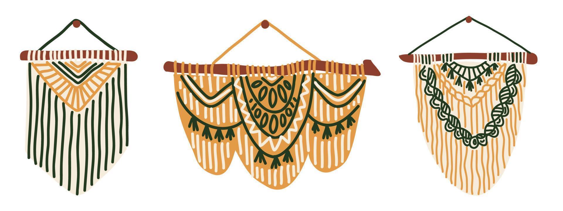 uppsättning av hand tillverkad boho macrame vägg hängningar. diy interiör dekor design element, enkel hand dragen vektor illustration