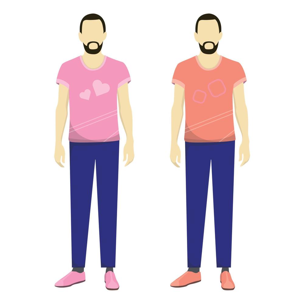 en skäggig man i annorlunda t-shirts. rosa t-shirt med en hjärta. orange t-shirt. platt vektor illustration isolerat på vit bakgrund.