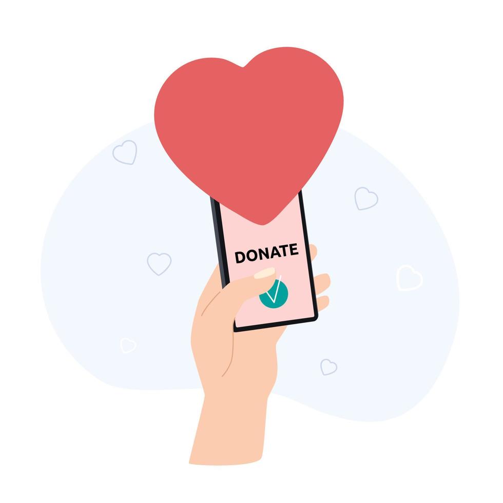 hand innehav mobil smart telefon med donation och hjärta. begrepp för välgörenhet uppkopplad service. platt vektor illustration på en vit bakgrund.