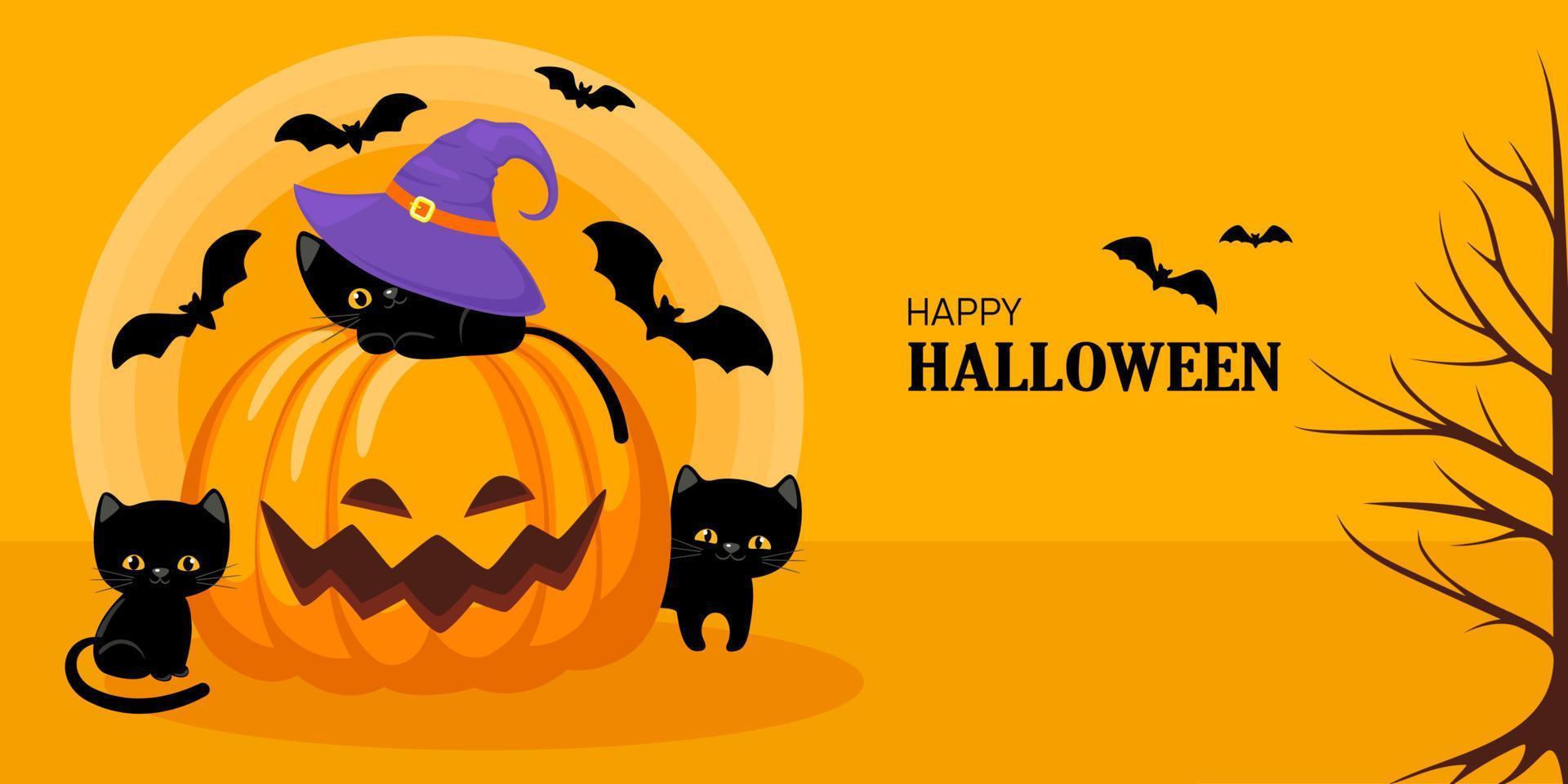 Fröhliches Halloween. Halloween-Konzept mit Fledermäusen, Kürbis, Mond und schwarzen Katzen auf orangefarbenem Hintergrund. Vektor-Illustration-Design-Vorlage für Banner oder Poster. vektor