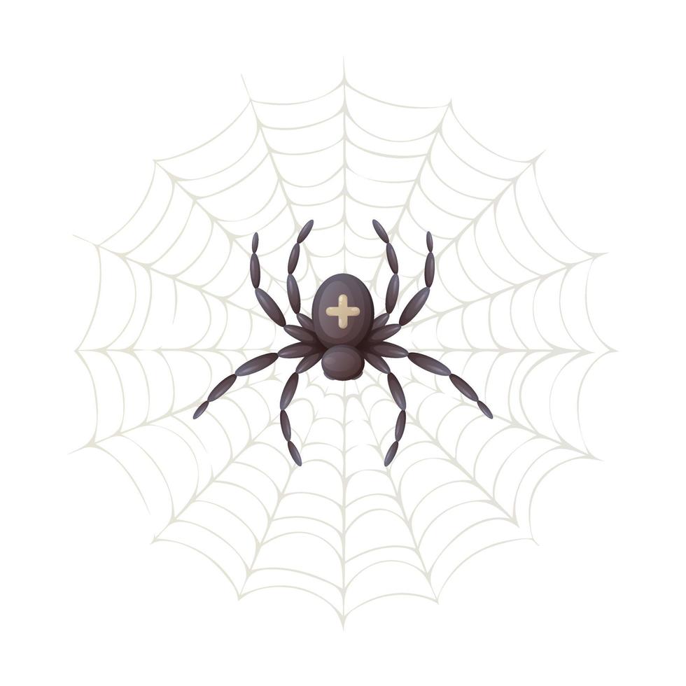 Spindel i de webb med en korsa på dess tillbaka, topp se, tecknad serie vektor illustration