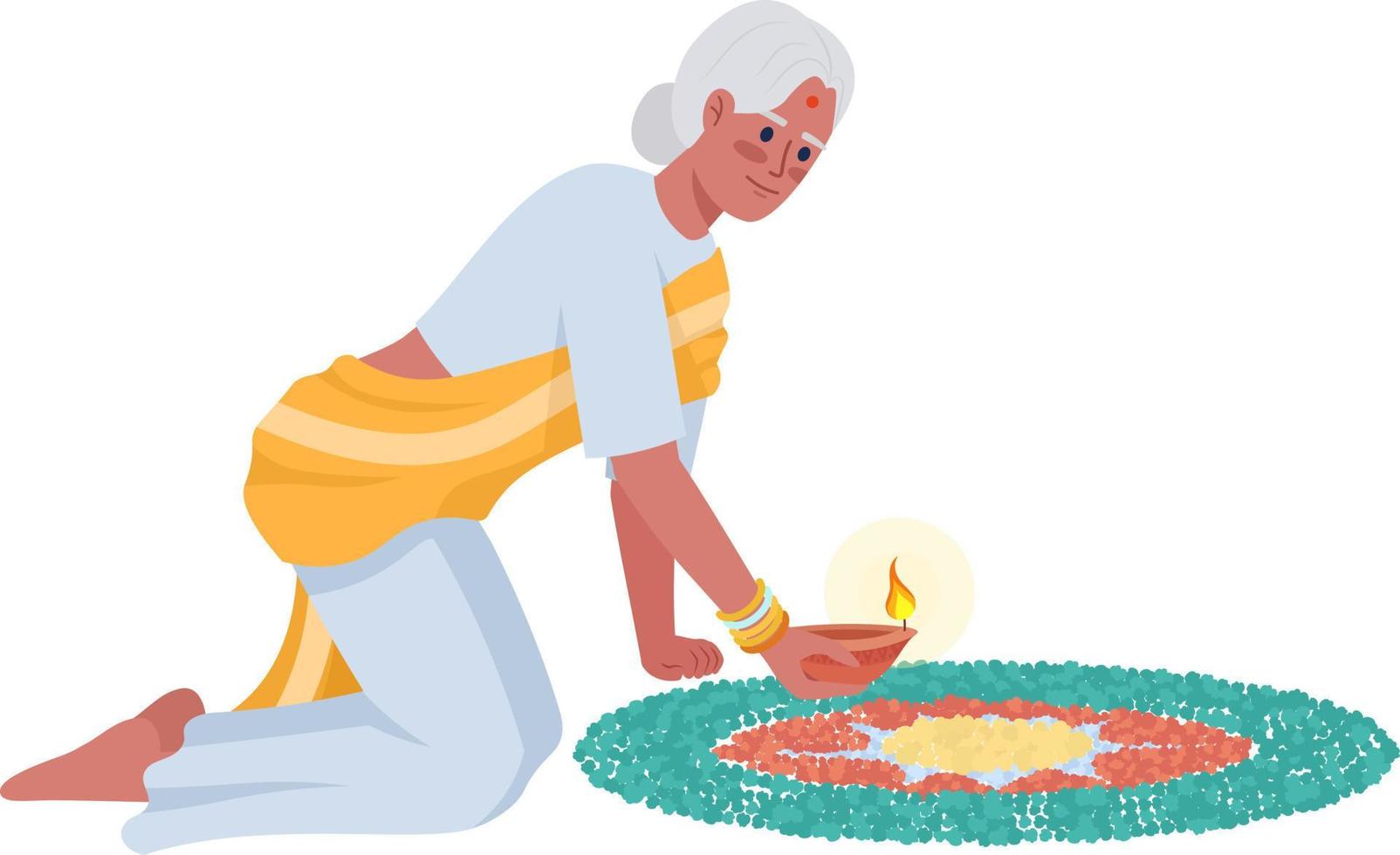 Seniorin mit Mandala und halbflachem Diya-Farbvektorcharakter. editierbare Figur. Ganzkörperperson auf Weiß. diwali-feiertag einfache karikaturartillustration für webgrafikdesign und -animation vektor