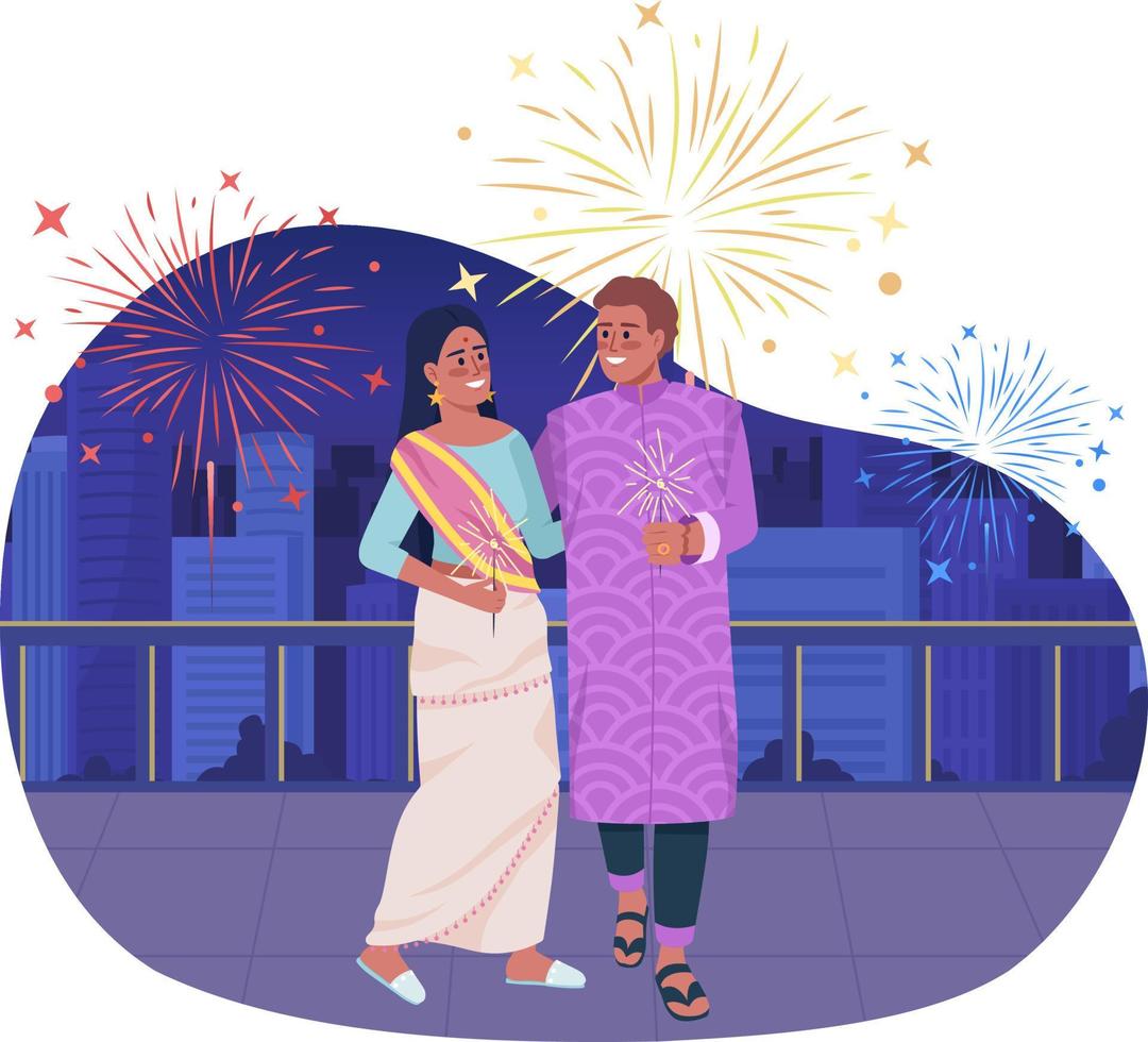 Liebespaar feiert Diwali-Feiertag 2d-Vektor isolierte Illustration. flache charaktere des festivals auf karikaturhintergrund. datum bunte editierbare szene für handy, website, präsentation vektor
