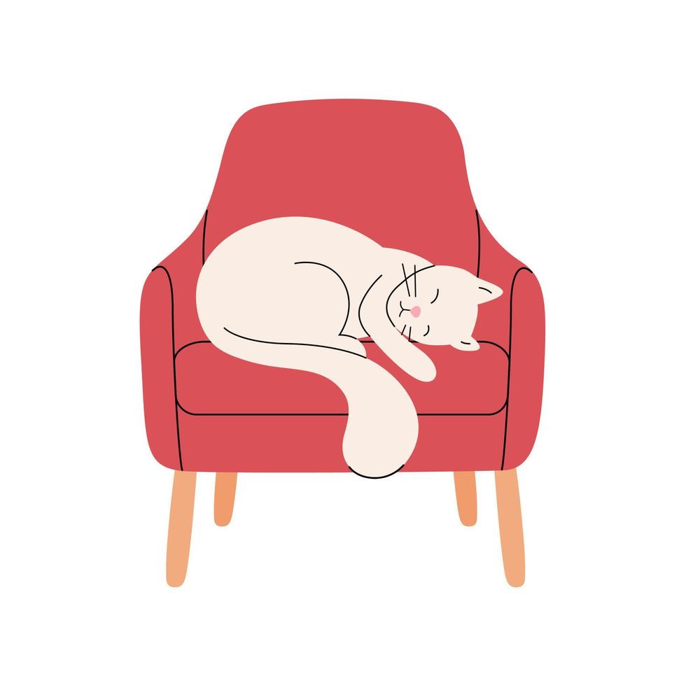 en vit katt på en röd stol med ben. de katt sover på de soffa. eleganta vektor illustration i en platt stil med rader. perfekt för reklam en möbel Lagra, sällskapsdjur vänlig Kafé eller hotell.