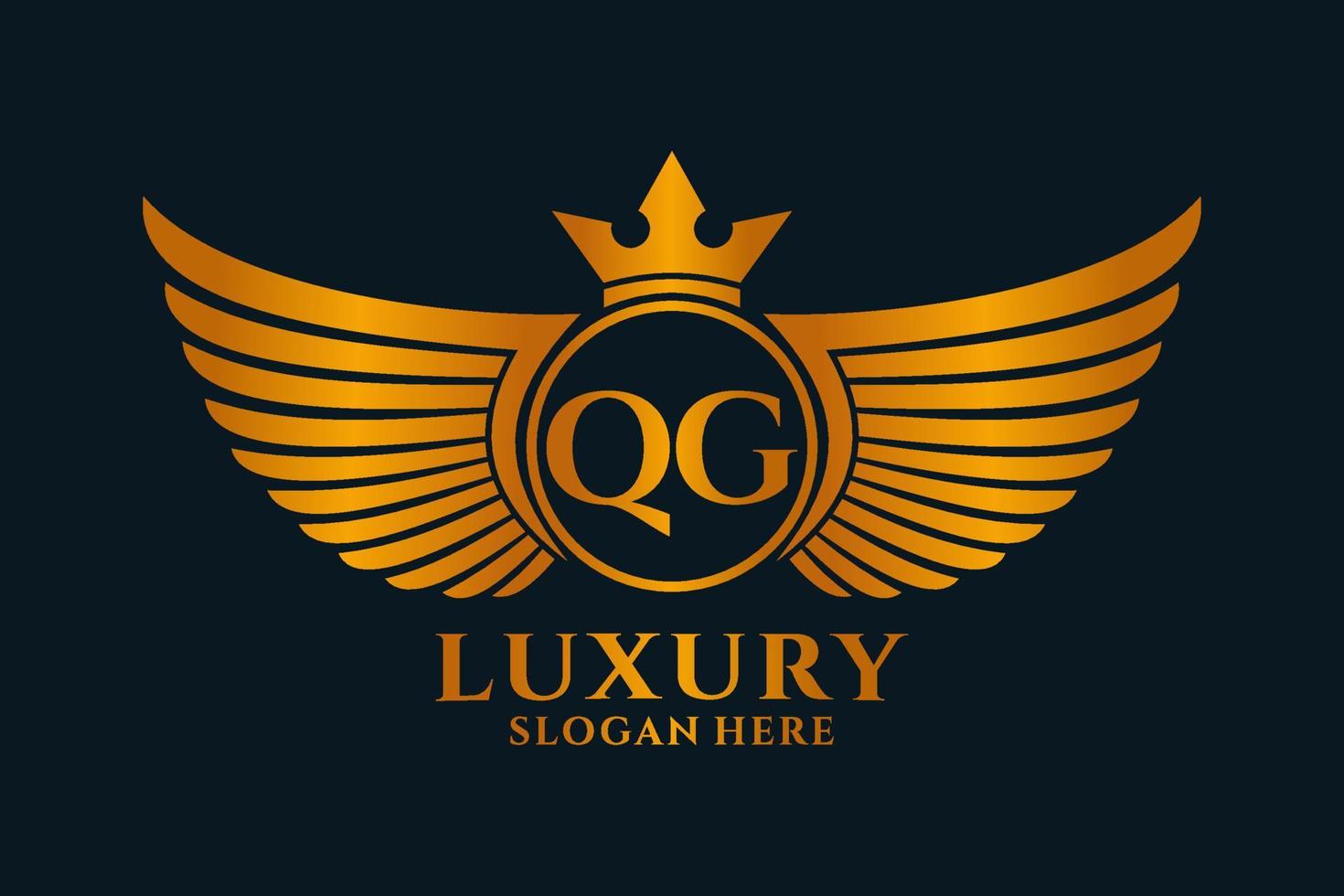 luxus königlicher flügelbuchstabe qg wappengoldfarbe logovektor, siegeslogo, wappenlogo, flügellogo, vektorlogovorlage. vektor