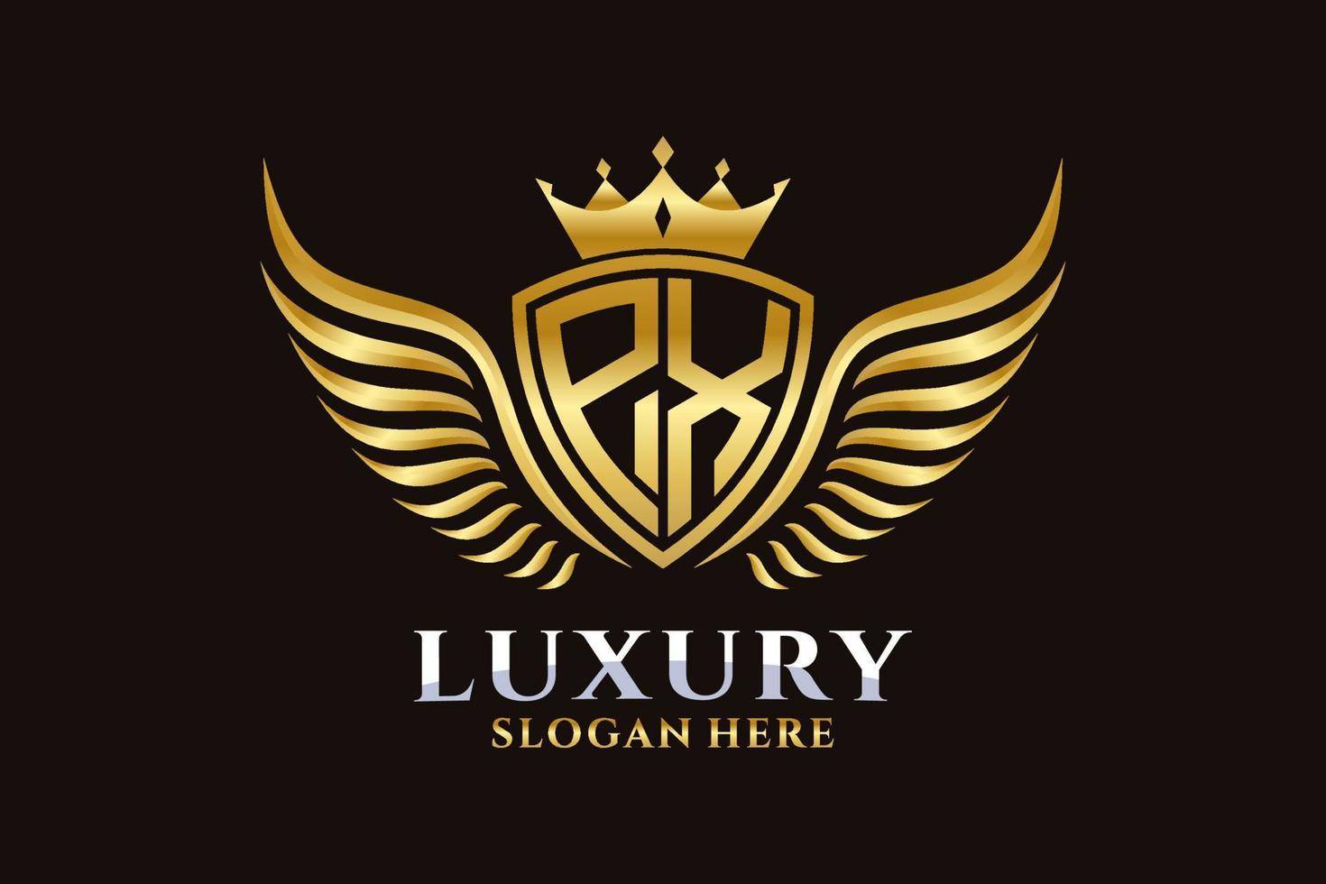 luxus königlicher flügelbuchstabe px wappengoldfarbe logovektor, siegeslogo, wappenlogo, flügellogo, vektorlogovorlage. vektor