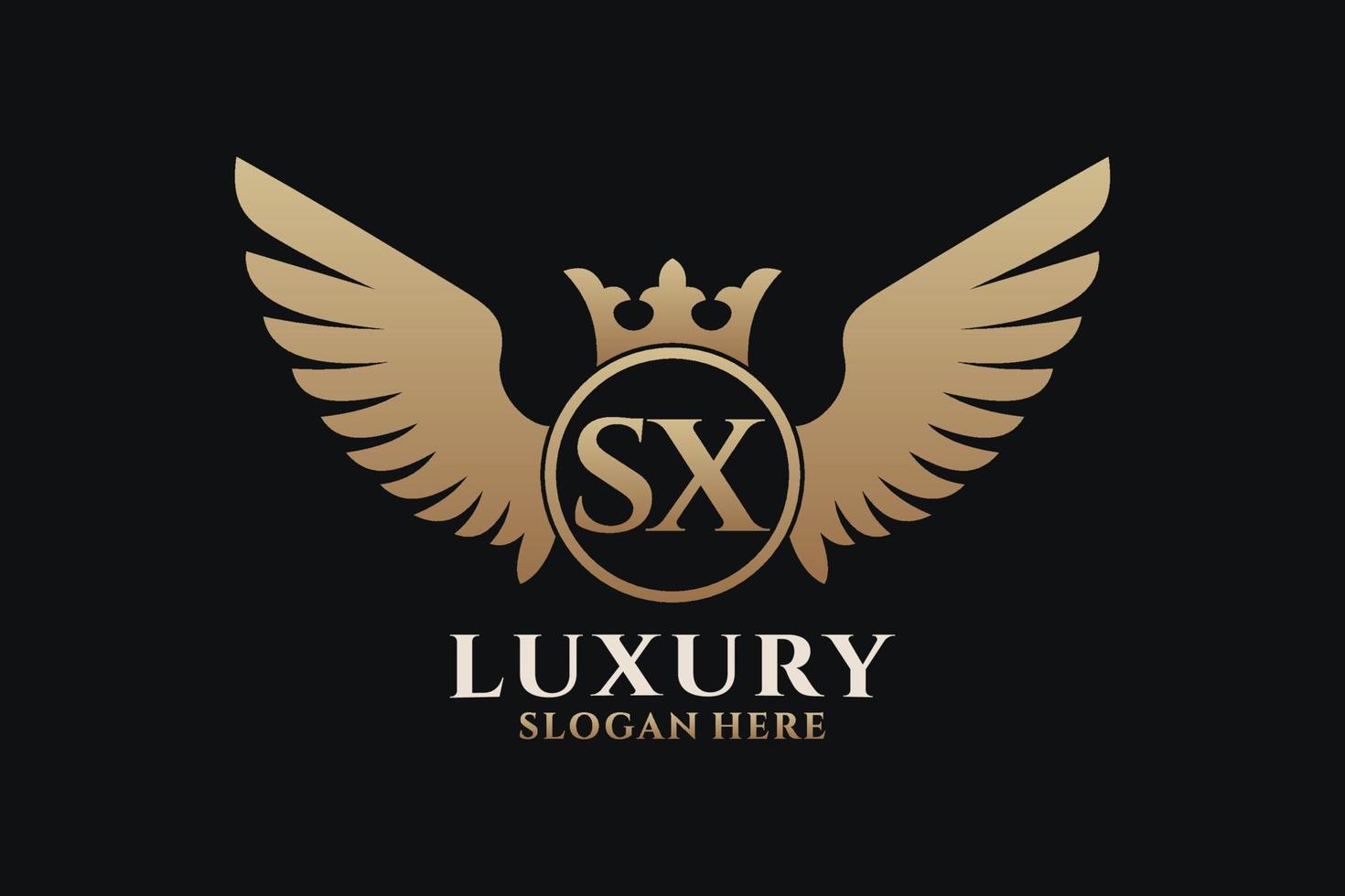 luxus königlicher flügelbuchstabe sx wappengoldfarbe logovektor, siegeslogo, wappenlogo, flügellogo, vektorlogovorlage. vektor
