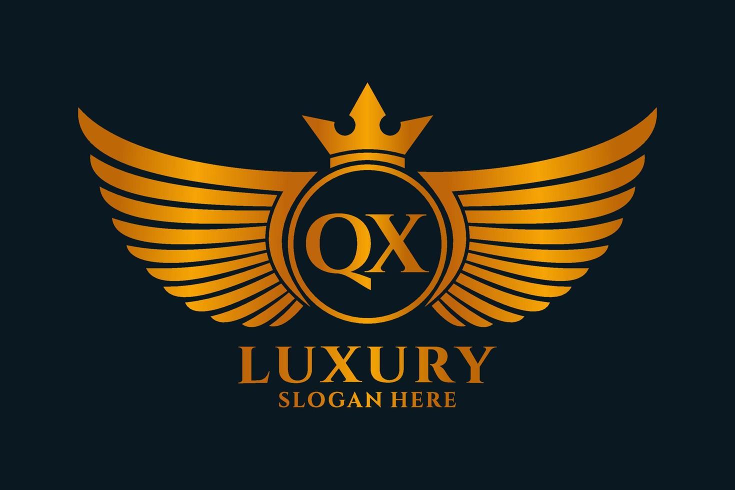 luxus königlicher flügelbuchstabe qx wappengoldfarbe logovektor, siegeslogo, wappenlogo, flügellogo, vektorlogovorlage. vektor