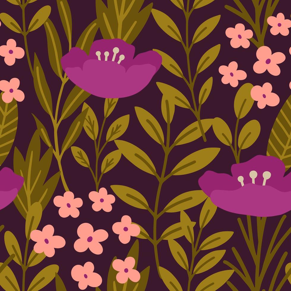 estetiskt samtida tryckbart sömlöst mönster med vårens botaniska tryckdesign. dekorativ kamomill, blommor och blad. pastell boho bakgrund i minimalistisk mitten av århundradet stil för tyg vektor