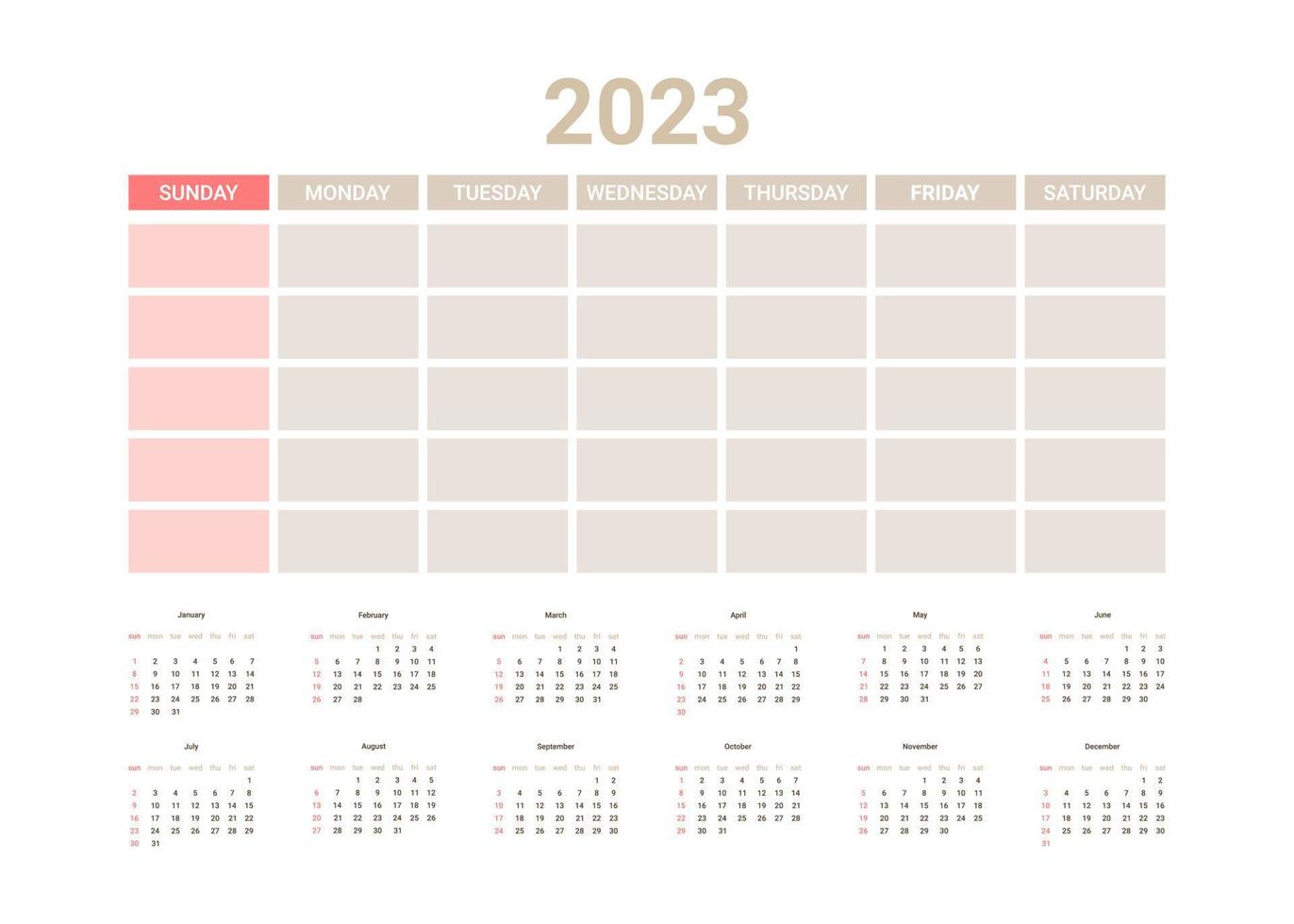 planer englischer kalender des jahres 2023, vorlage tageskalender auf einer seite. Wochenplaner, Jahresplanervorlage. Vektor-Illustration vektor