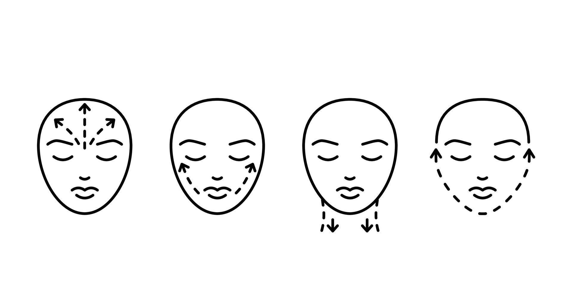 ansikte medicinsk skönhet plast procedur av kind, haka, panna och nacke, linje ikon. uppsättning ansiktslyftning, estetisk kontur. plast kirurgi, lyft kontur hud. vektor illustration