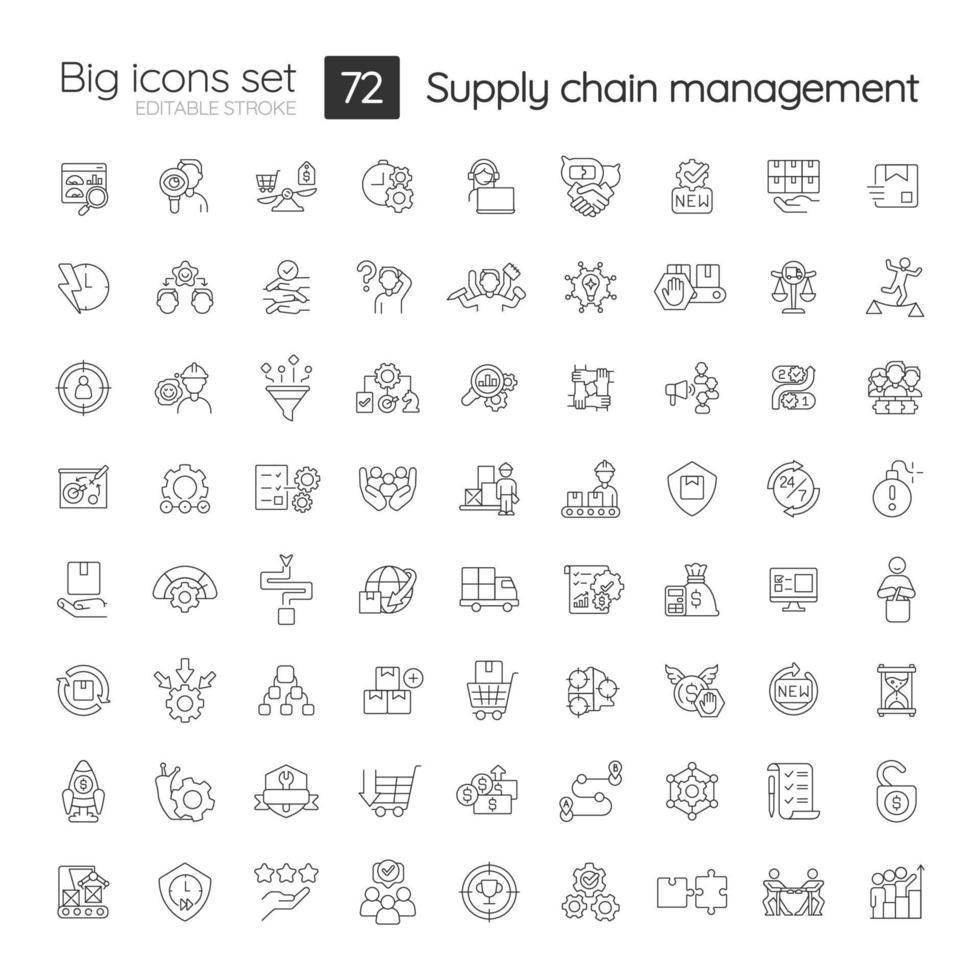 tillförsel kedja förvaltning linjär ikoner uppsättning. produktion och logistik. anpassningsbar tunn linje symboler. isolerat vektor översikt illustrationer. redigerbar stroke.