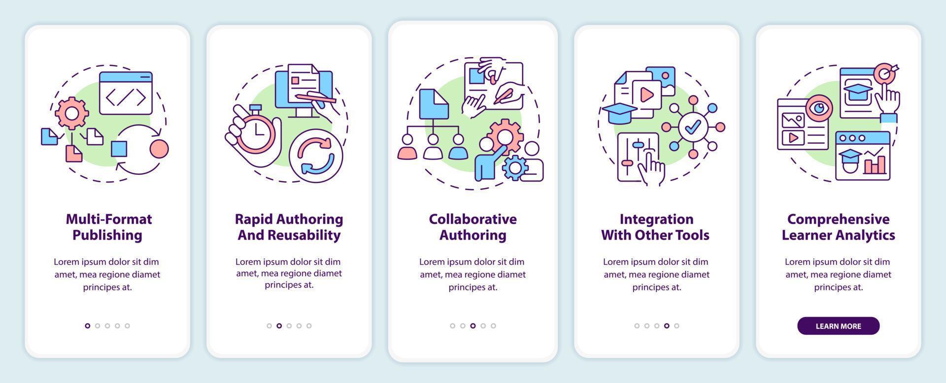 lcms funktioner onboarding mobil app skärm. flera format publishing genomgång 5 steg redigerbar grafisk instruktioner med linjär begrepp. ui, ux, gui mall. vektor