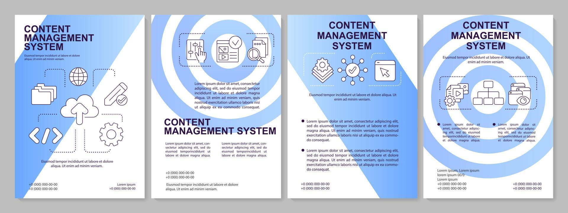 Broschürenvorlage mit blauem Farbverlauf für die Content-Management-Plattform. digitale Infos. Broschürendesign mit linearen Symbolen. 4 Vektorlayouts für Präsentationen, Jahresberichte. vektor