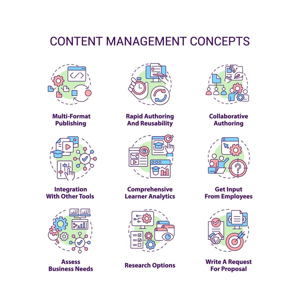 Symbole für das Content-Management-Konzept festgelegt. lms, cms-funktionalitäten idee dünne linie farbabbildungen. sozialen Medien. E-Commerce. isolierte Symbole. editierbarer Strich. vektor