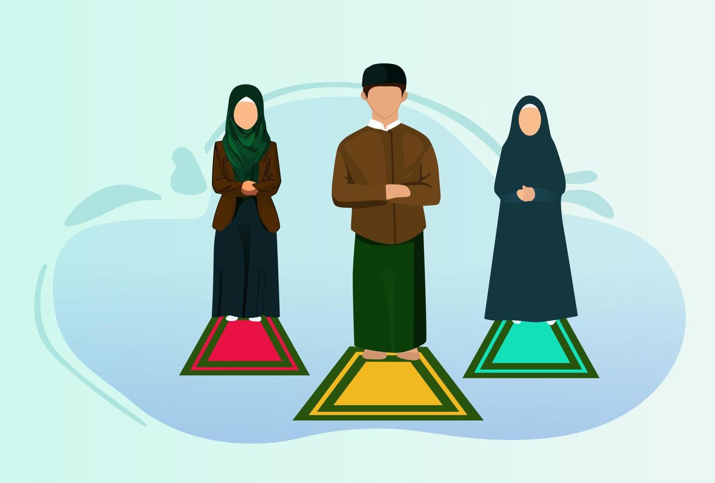 en muslim familj bestående av föräldrar och barn är bön- i församling. vektor illustration