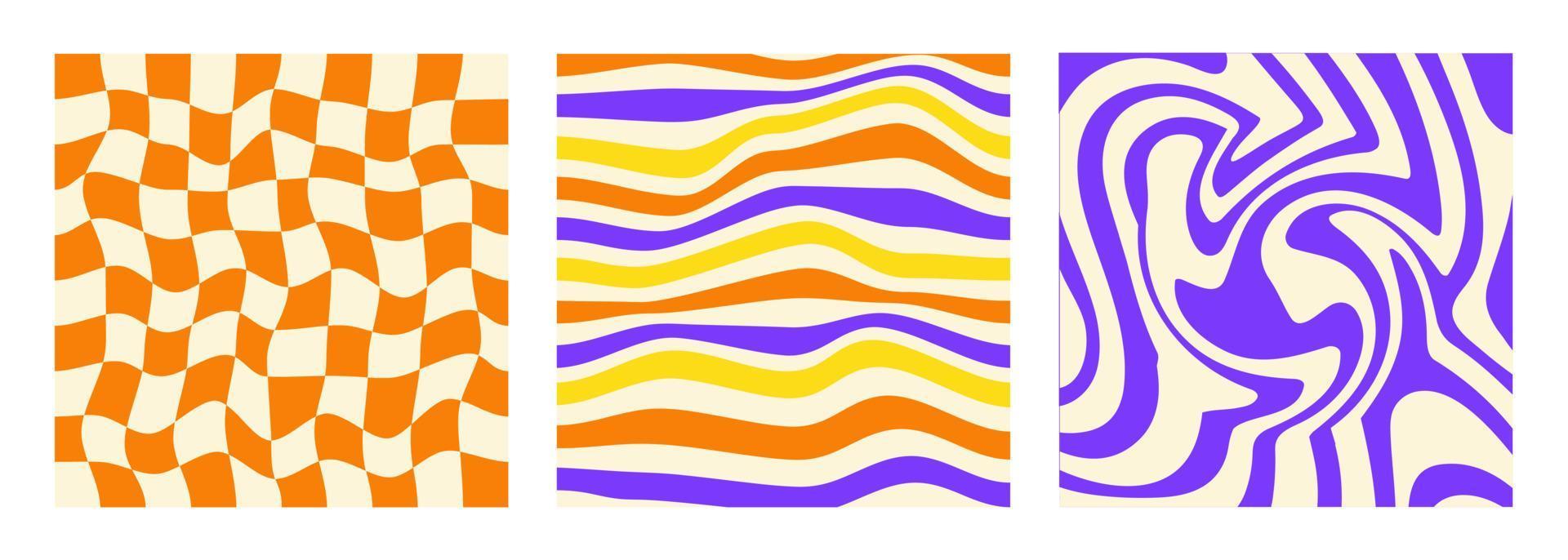 Reihe von quadratischen Hintergründen im Retro-Stil der 70er, 80er Jahre. Grooviges Hippie-abstraktes psychedelisches Design. Vektor-Illustration vektor