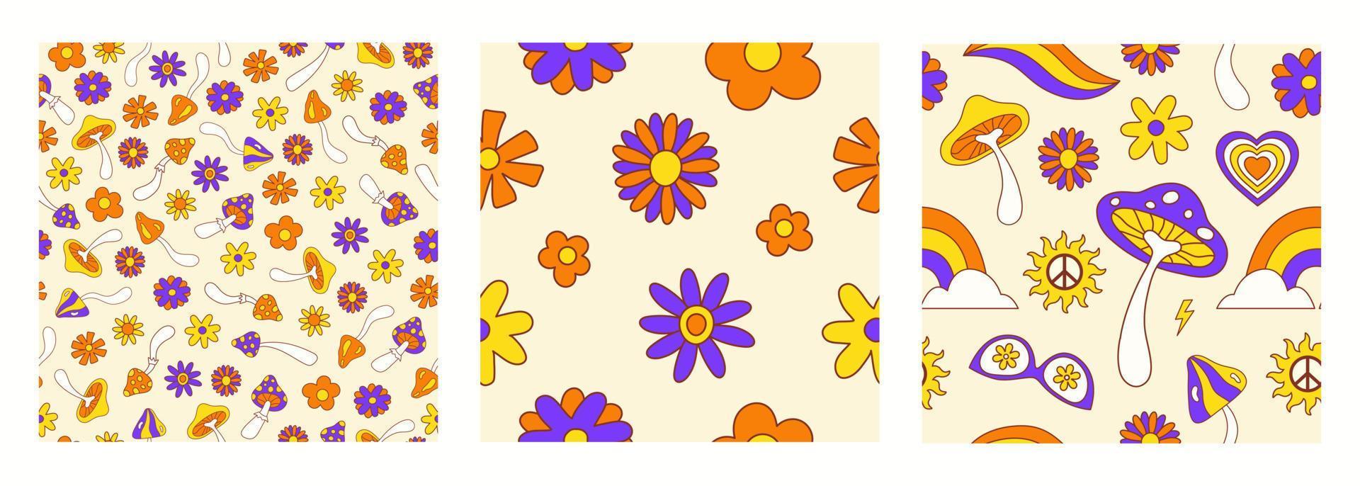 retro uppsättning häftig sömlös mönster med blommor och svamp på en ljus bakgrund. vektor illustration i stil hippie 70-talet, 80s