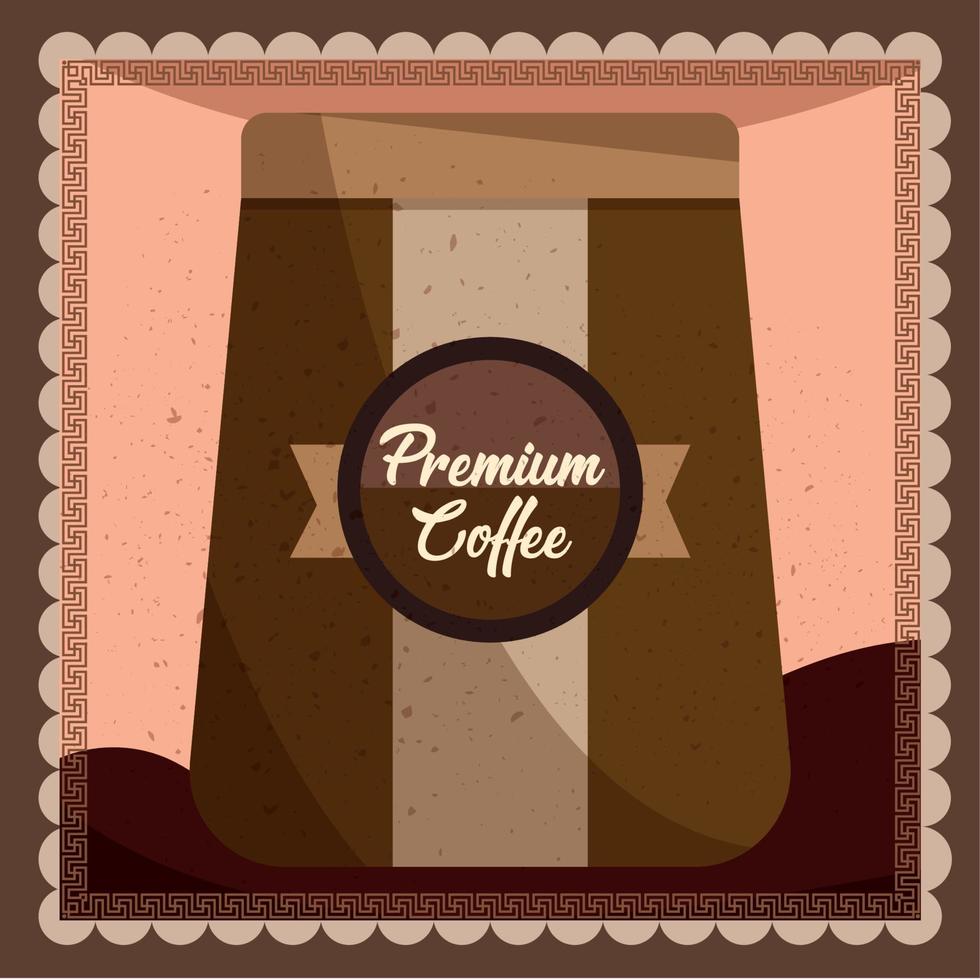 Farbige Premium-Kaffeetüte mit einer Premium-Qualitätslabel-Vektorillustration vektor