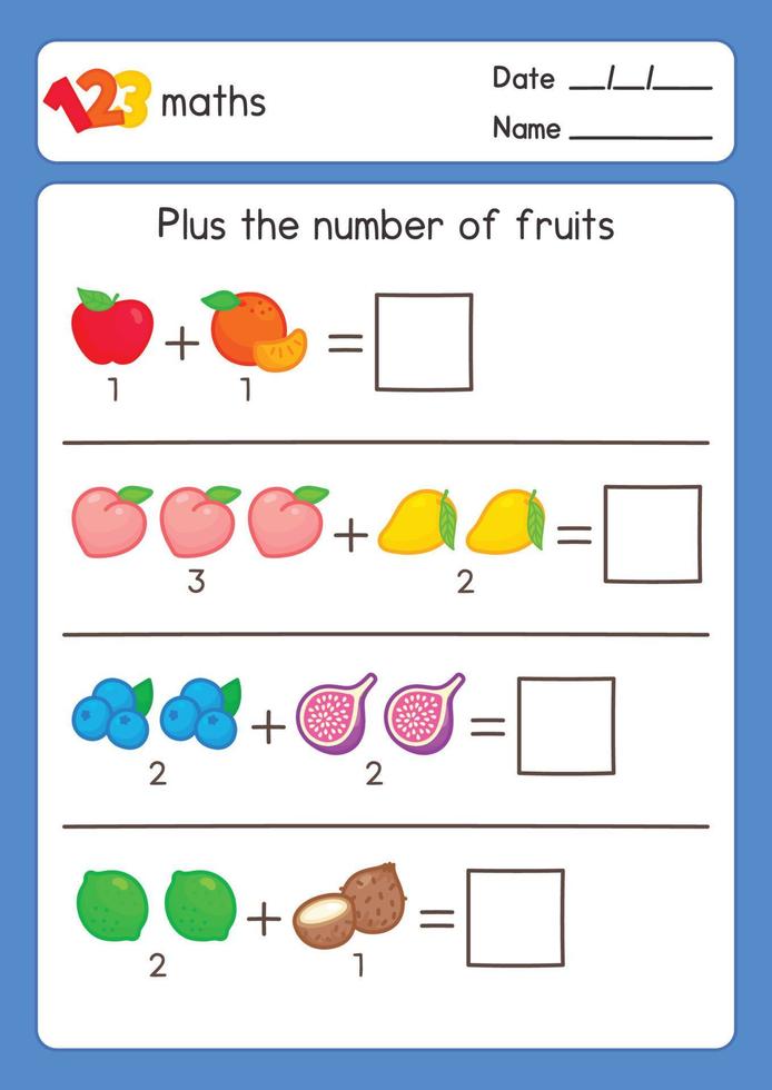 Beräkna de tal förbi frukt bild i matte ämne övningar ark söt klotter vektor tecknad serie