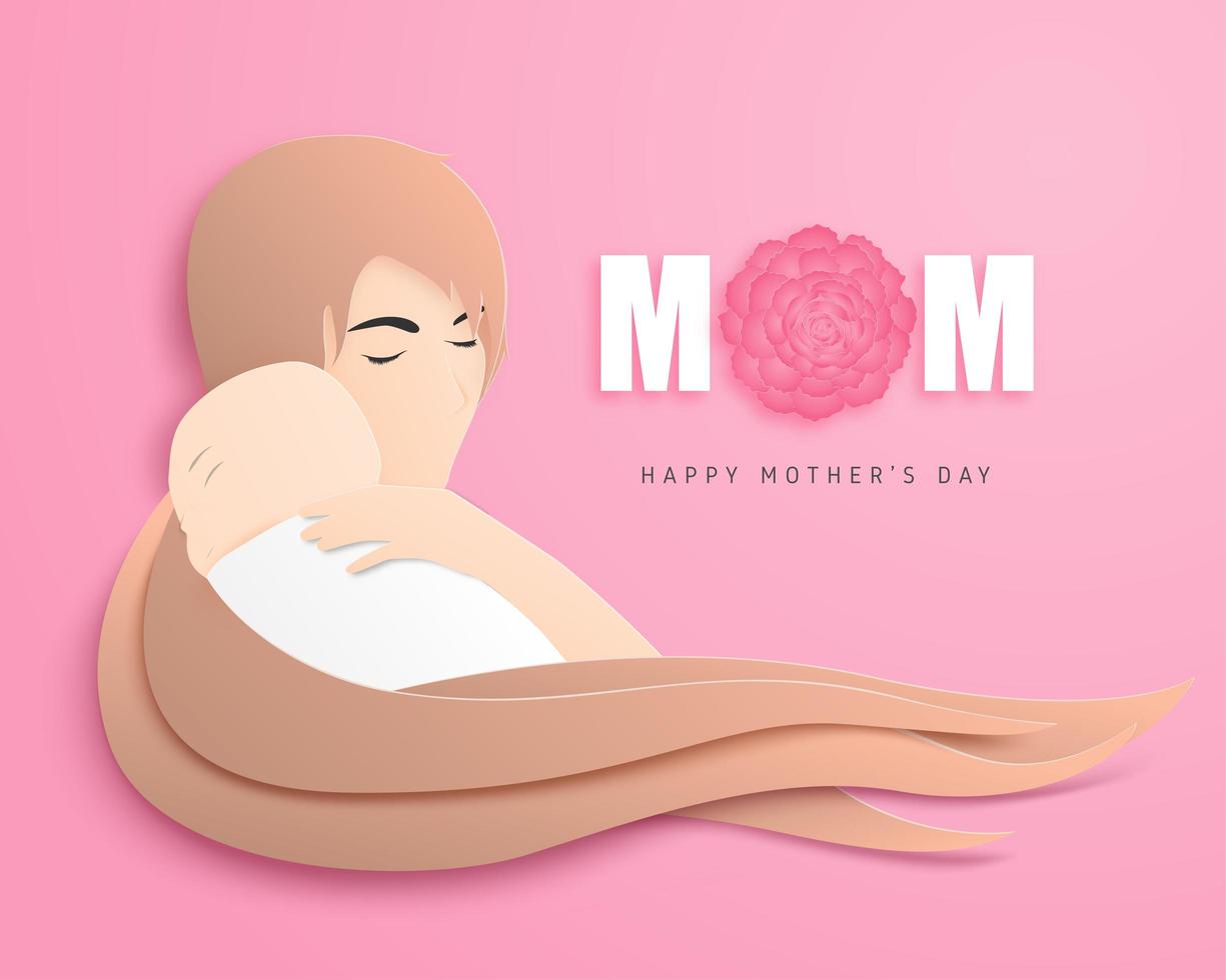 papper konst stil mamma håller baby på rosa vektor