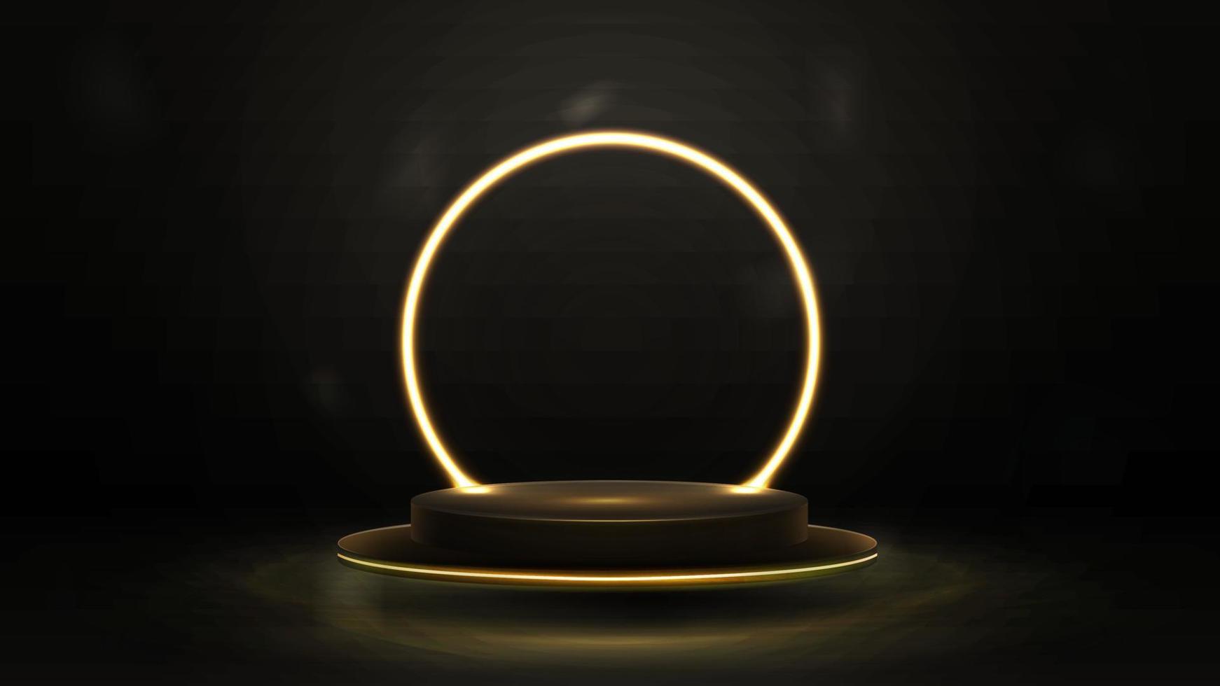 leeres goldpodium mit gelbem neonring auf dem hintergrund. 3D-Rendering. dunkle abstrakte szene mit in der luft schwebendem sockel und neonkreisrahmen vektor